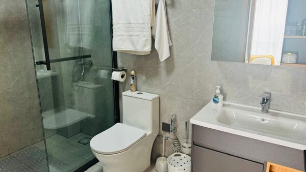 Modern bathroom with glass shower, white toilet, towel rack, countertop with sink, and soap dispenser on gray walls.