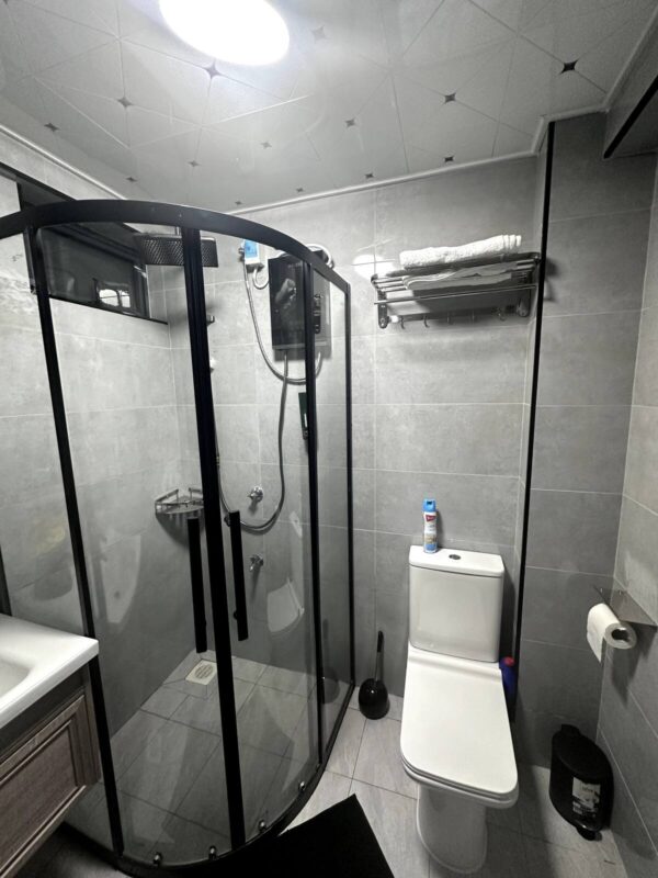 Modern bathroom with a curved glass shower, toilet, and towel rack. Gray tiles and a black toilet brush beside the toilet.