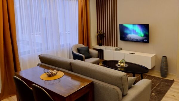 Modern living room with gray sofa, armchair, TV displaying aurora, wooden dining table, and orange curtains.