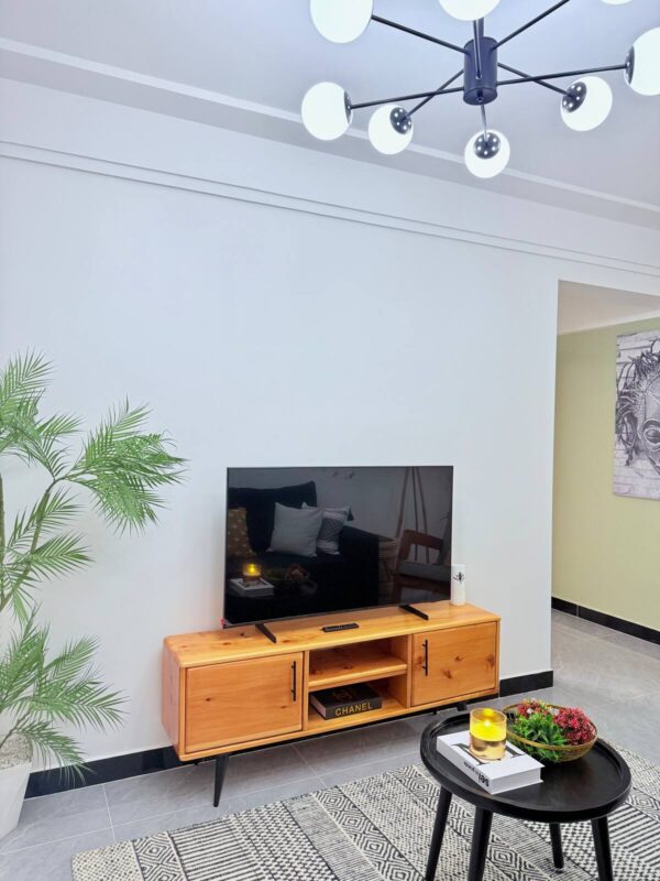 Modern living room with a flat-screen TV on a wooden stand, round black table with decor, ceiling light, and potted plant.