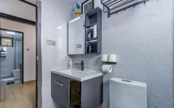 Modern bathroom with gray tiles, a sink with dark cabinet, mirror cabinet, wall rack, and toilet paper holder.